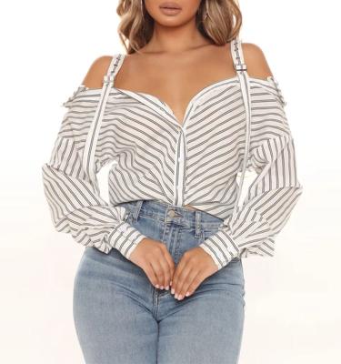 China Anti-pilling New Fashion Adjustable Straps Striped Off Shoulder Sheath Long Shirt Blouse Women for sale