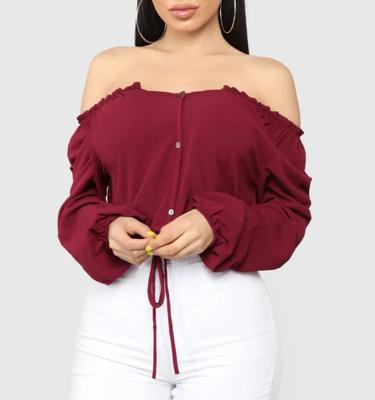 China New Fashion Anti-Shrink Ruffles Shoulder Long Sleeves Tie Waist Shirt Blouse Women for sale