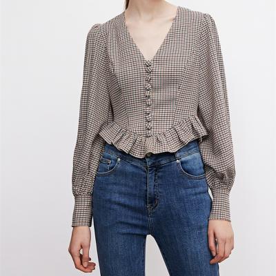 China Anti-pilling Hotsale Casual V-neck Pleated Houndstooth Ruffle Long Sleeves Shirt For Woman for sale