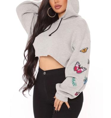 China Anti-Wrinkle Terry Embroidered Drawstring Hooded Drop Shoulder Pullover Sweatshirts Women Cropped Hoodie Ladies for sale