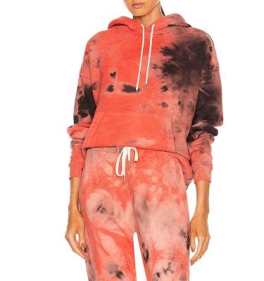 China Anti-Wrinkle Tie Dye Terry Drawstring Hooded Drop Shoulder Kangaroo Pullover Sweatshirts Women Hoodie Ladies for sale