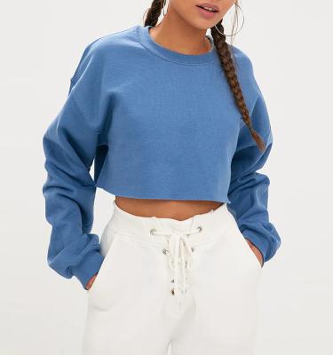 China Anti-Wrinkle French Terry Drop Shoulder Round Neck Cropped Casual Raw Edge Sweatshirts Women for sale