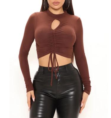 China Wholesale Anti-pilling Fake Neck Keyhole Cut Long Sleeves Ruched Cropped Top Blouse Women for sale