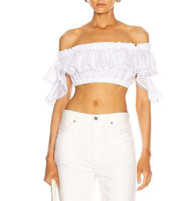 China Anti Pilling Sweet Off Shoulder Ruffles Flank Cropped Lace Trim Top Blouse Women for sale