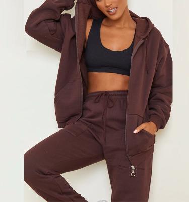 China Oversized Anti-pilling Drawstring Zipper Up Women Set Two-Piece Sports Elastic Sweatpants Joggers Hoodie Waist Tracksuit for sale