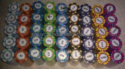 China 3 Colors Custom Cheap Crown Materials 14g Real Clay Poker Chips With Gold Recycled Monte Carlo Balance Sticker for sale