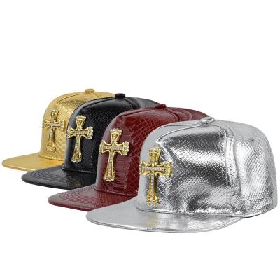 China COMMON wholesale metal standard personality leather brim Hip-hop hat Jesus cross flat brim hat yupoong custom snapback hats for sale