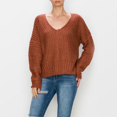 China Anti-Wrinkle Vintage Sweater Knitwear Woman Oversized Loose Top Knit Deep V Neckline Women Knit Sweater for sale