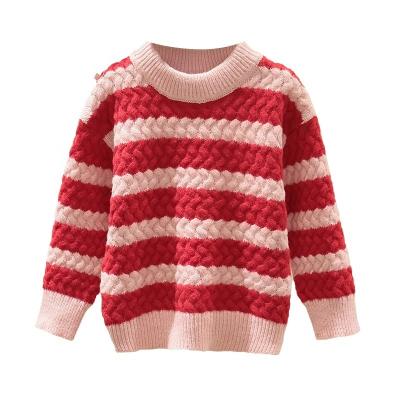 China Girls O-neck Long Sleeve Cable Needle Pink Stripe Computer Knitted Pullover Sweater Customized Thick Anti-Shrink for sale