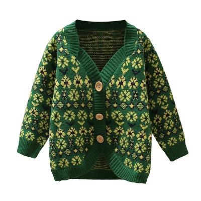 China Girls V-Neck Flower Pattern Jacquard Long Sleeve Computer Knitted Long Coat Cardigan Sweater Customized Cute Yellow Anti-Shrink for sale