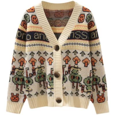 China Girls V-Neck Long Sleeve Small Computer Knitted Jacquard Pattern Tree Face Computer Knitted Coat Cardigan Sweater Anti-Shrink Customized for sale