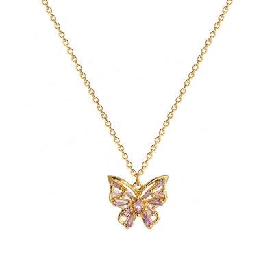 China FASHIONABLE Real Gold Plated Stainless Steel Butterfly Pendant Necklace Purple Zircon Crystal Butterfly Necklace for sale