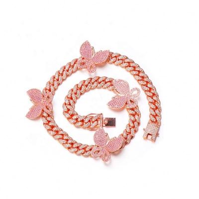 China Hotselling Luxury Environmental Friendly Personalized Hip Hops Crystal Rose Gold Butterfly Cuban Chain Choker Necklace 12mm Bling Bling Rhinestone for sale