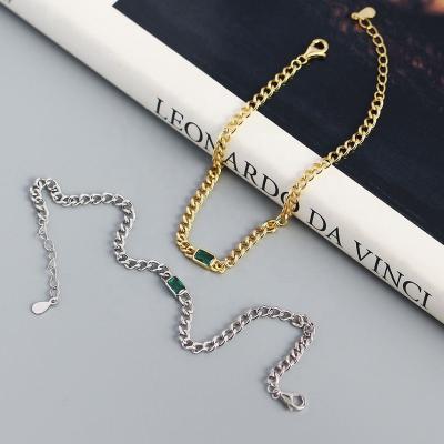 China 925 Sterling Silver Zircon Bracelet Ins 18k Green Gold Plated Zircon Thick Green Bracelet 925 Rectangle Chain Sterling Silver Emerald Cut Link Chain Bracelet for sale