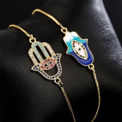 China TRENDY 18k Real Gold Plated Adjustable Colorful CZ Crystal Hamsa Hand Bracelet Evil Eyes Hamsa Hand Bracelet for sale