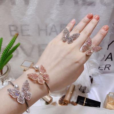 China High Quality Luxury Jewelry Environmentally Friendly High Quality Luxury Jewelry Cubic Zircon Butterfly Bead Cuff Bracelets Silver Pink Cubic Ring for sale