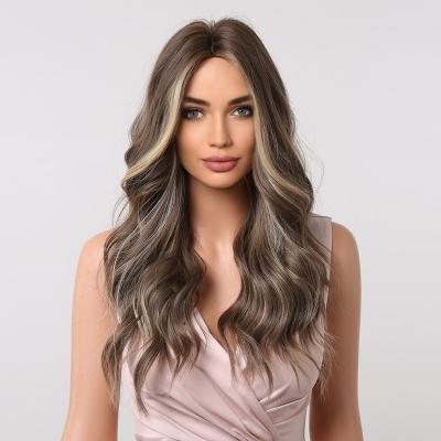 China Long Synthetic Wig Fashion Style Ready To Wear Silky Long Hair Wigs Brown With Blonde Highlight Synthetic Wigs for sale