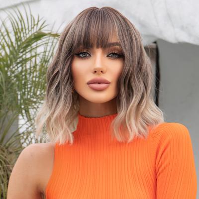 China Short Synthetic Wig Ready To Wear Short Hair Heat Resistant Wigs Silky Ombre Brown To Blonde Synthetic Wigs With Bangs for sale