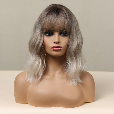 China Short Synthetic Wig Ready To Wear Silky Wavy Hair Wigs Short Ombre Brown To Blonde Synthetic Wigs With Bangs for sale