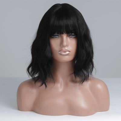 China Short Synthetic Wig Most Popular Short Synthetic Wigs With Bangs Color Wavy Hair Black Wigs For Women for sale