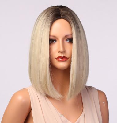 China Wholesale Hot Selling Elastic Lace Front Cheap Ombre Brown Blonde Short Straight Synthetic Wigs For Women Daily Cosply Heat Resistant for sale