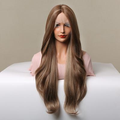 China Styled Easily 28 Inches New Arrival High Quality Long Hair Brown Wig With Highlight Lace Front Synthetic Wigs for sale