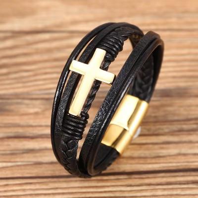 China New Arrival High Quality Stainless Steel Men's Bracelets Magnetic Clasp Men's Bracelet Jewelry Cross Cross Leather Bracelets for sale