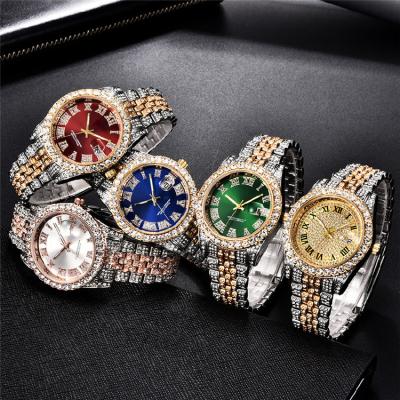 China 2023 Fashion Gold Plated New Hiphop Day/Date High Quality Diamond Iced Out Stainless Steel Quartz Watch Men Wrist Watch For Men for sale