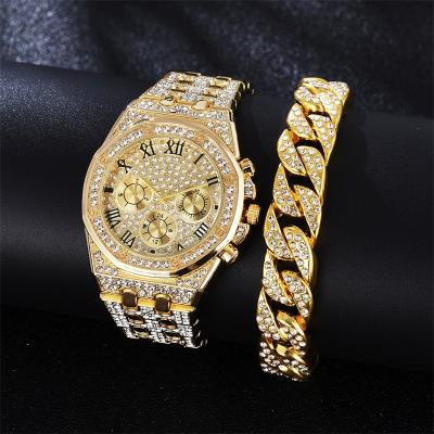 China 2023 Other Men's Gold Bling Rhinestone Quartz Hip Hop Wrist Watch Watches Diamond Iced Out Watches Set Luxury for sale