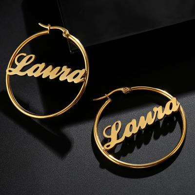 China CLASSIC Custom TS Large Hypoallergenic Stainless Steel Circle Name Plate Gold Plated Hoop Earrings Personalized Handmade Women Earrings for sale