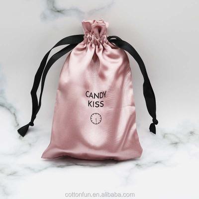 China Promotion Recyclable Black Silk Pouch / Satin Drawstring Gift Bags Recyclable Black for sale