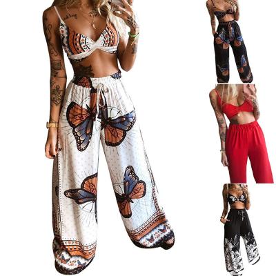 China Hot QUICK DRY Butterfly Print Sexy Women Club 2 Piece Crop Tops And Wide Leg Pants Set Summer Wide Leg Pants Sets For Woman for sale