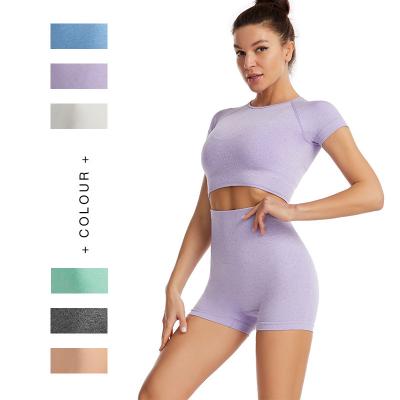 China 2022 Sports Wear Women Breathable Shorts Bra Yoga Set Macaron Solid Color Summer Waist Yoga Top Leggings Pants Gym Fitness Set for sale