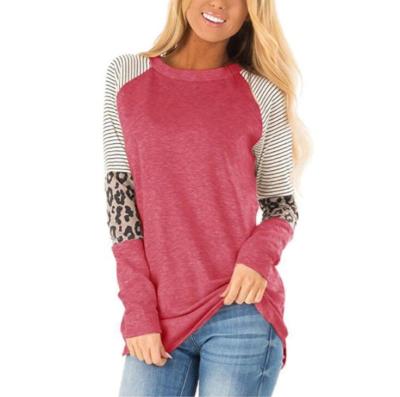 China Anti-wrinkle plus size patchwork striped round neck women leopard print blouse long sleeved top T-shirts wholesale for sale