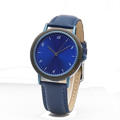 China New Fashion Water Resistant Watch Dial Lady Blue Wood Bezel Genuine Leather Strap Quartz Watches for sale