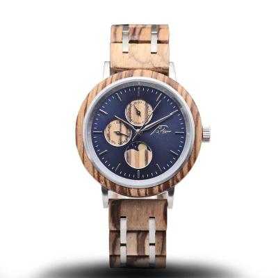 China Automatic Date Business Stainless Steel Watch Hand Crafted Wooden Wrist Watch Men Date Week Display Moon Phase Watches for sale