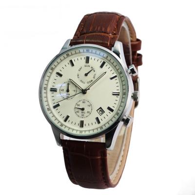 China Auto Date Waterproof Eyes 3 Watches Mens Stainless Steel Retro Chronograph Leather Wrist Watch for sale