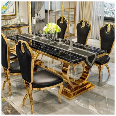 China Luxurious Dining Sets 6 Chairs Table Furniture Luxury Gold Stainless Steel Leg Marble Dining Table Set 6 Chairs for sale