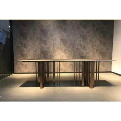 China Luxury modern luxury dining table sintered stone dining table wire drawing stainless steel set red bronze dining tables for sale