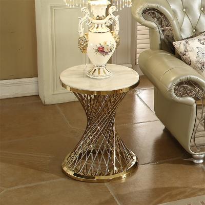 China Durable Stainless Steel Marble Stone Design Gold Wedding Cake Table Round Top Metal Dining Table for sale