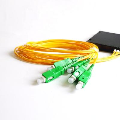 China 5G Telecom Internet Service Provider 1x4 Ports Black ABS Plastic Wrapping Fiber Optic PLC Splitter 2.0mm Diameter 1.5m SMF Cable SC APC for sale