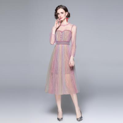 China Anti-static Neon Net Yarn Button Trim High Waist Spring Summer Fashion Edge Midi Dress For Women for sale