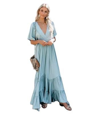 China 2020 Summer Loose Casual Women's Deep V-Neck Bohemian Solid Color Long Anti-wrinkle Beach Dress for sale