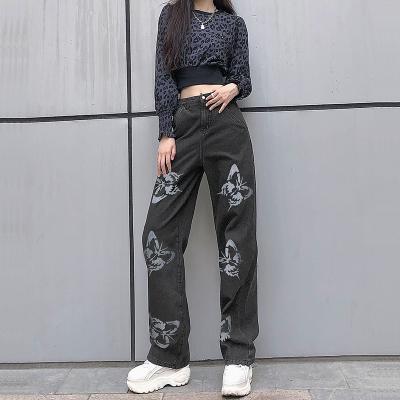 China 2022 New QUICK DRY Printing Female Loose Streetwear Cowboy Pants Summer Vintage Jeans Woman Long Trousers for sale