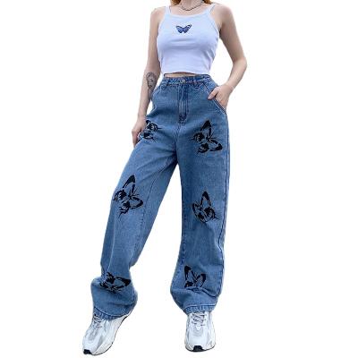 China Fashionable hot style loose waist QUICK DRY brand high slimming print women straight casual jeans pants the old wiping pants for sale