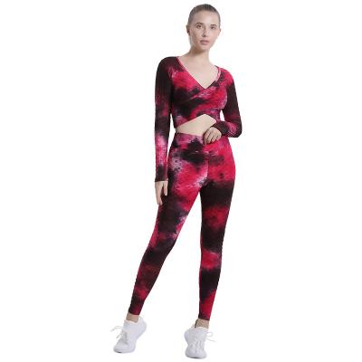 China Wholesale Breathable Yoga Tops Cross Beautiful Buttocks Tie Dyeing Yoga Pants Women's Fitness Sports Suit Yoga Set Sweatsuit for sale