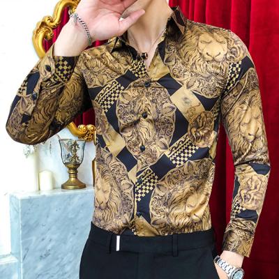 China Men's Slim Long Sleeve Tuxedo Gold Print Shirt 2020 Fashion Mens Luxury Brand Breathable Clothing Club Plus Size T-shirts for sale