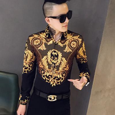 China Slim Long Sleeve Men's Dress Shirt Homme M-3XL Street Royal Shirt Mens Black Gold Print Luxury Tuxedo Fashion Men's Breathable Club Wear for sale