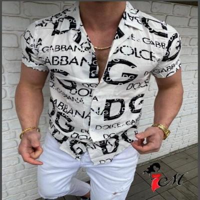 China Breathable Clothing Letter Printed Short Sleeve Shirt Trend Shirt Mens Cardigan Short Sleeve Tops Shirt for sale