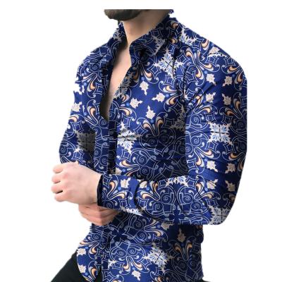 China New Breathable Hawaiian Shirts Men's Casual Tops Vintage Printed Muscle Shirts Male Slim Autumn Blue Men's Shirts for sale